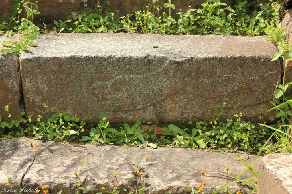 Vytesaná anakonda na jednom ze schodů uvnitř chrámu. Foto: T. Stěhule