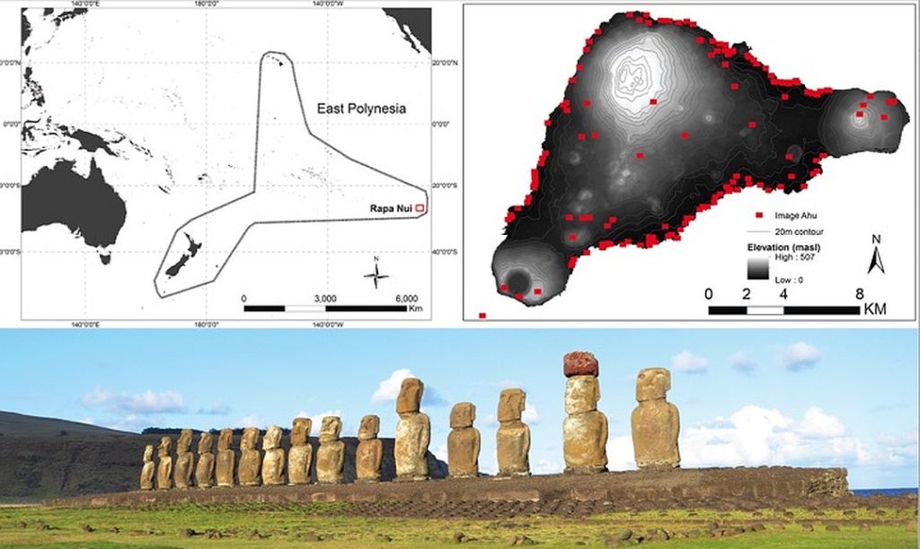 Mapka vpravo nahoře ukazuje sochy Moai na velikonočním ostrově.